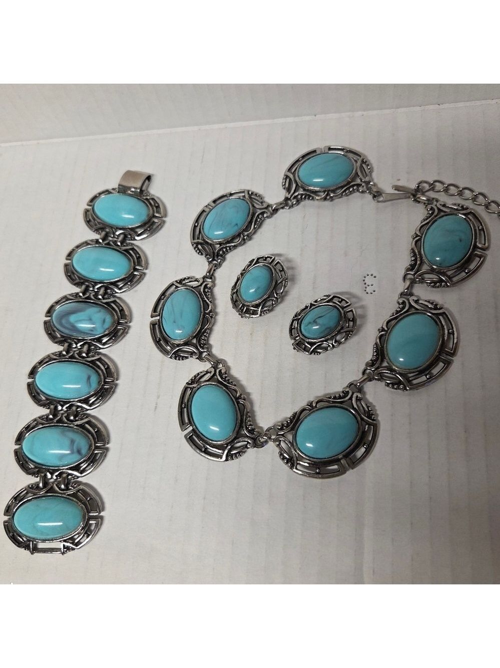 Demi-parure of Faux Turquoise Necklace, Bracelet and Clip-on Earrings